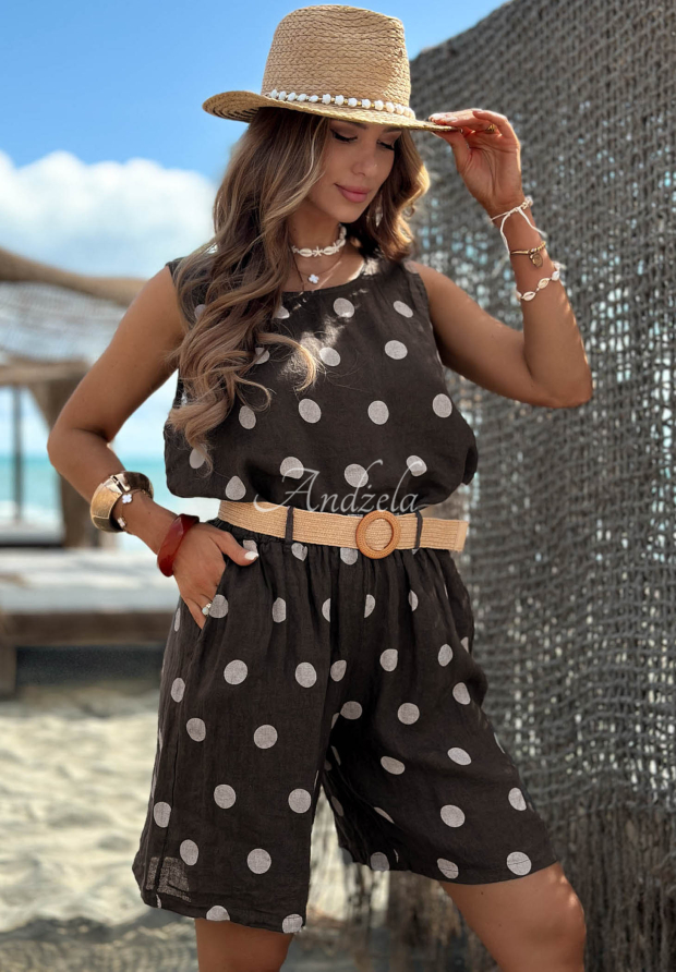 Leinen-Set aus Top und Shorts mit Polka-Dots Palm Kiss Schokoladenbraun