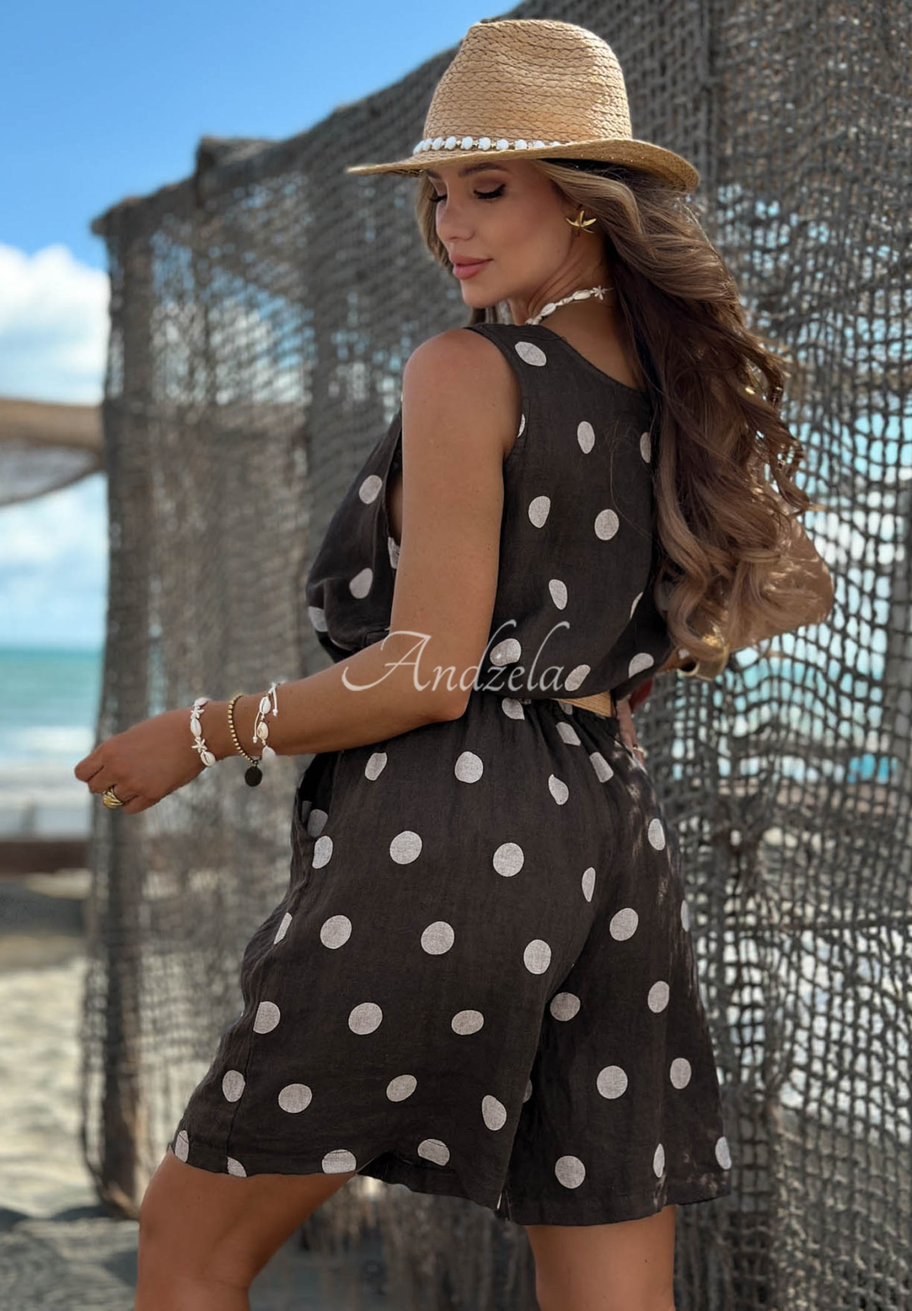 Leinen-Set aus Top und Shorts mit Polka-Dots Palm Kiss Schokoladenbraun