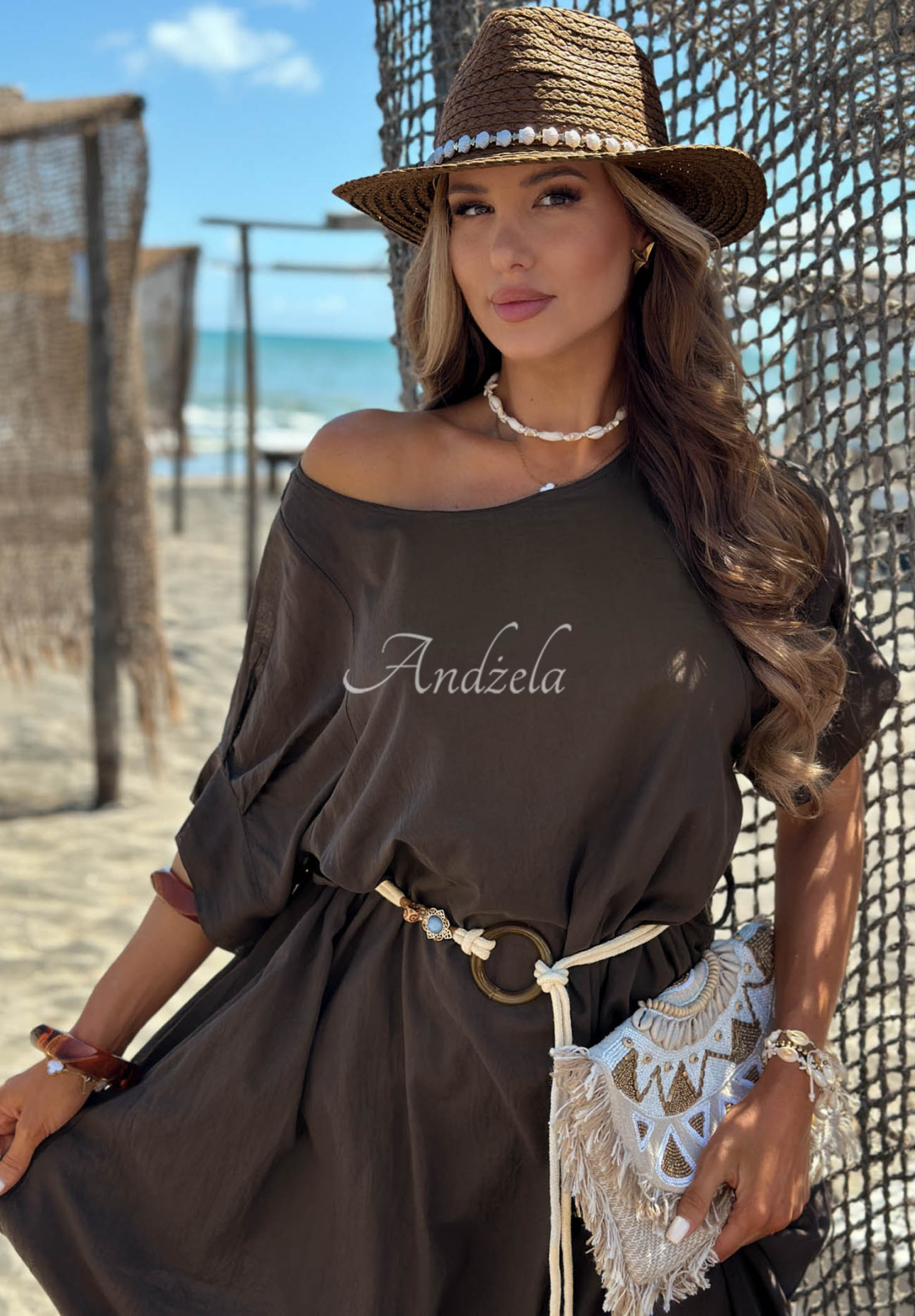 Baumwollkleid mit geflochtenem Gürtel Summer Diva Schokoladenbraun