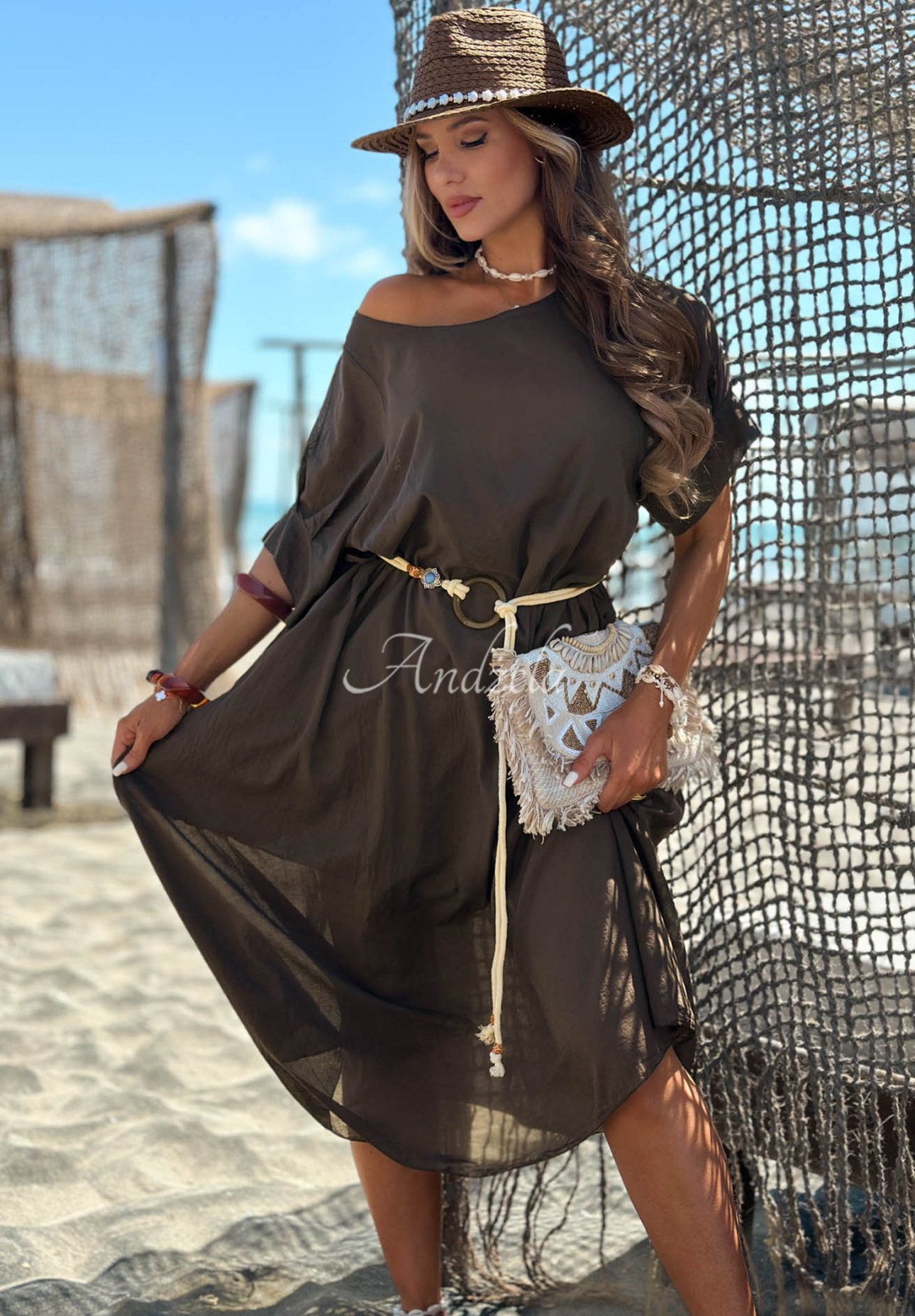 Baumwollkleid mit geflochtenem Gürtel Summer Diva Schokoladenbraun