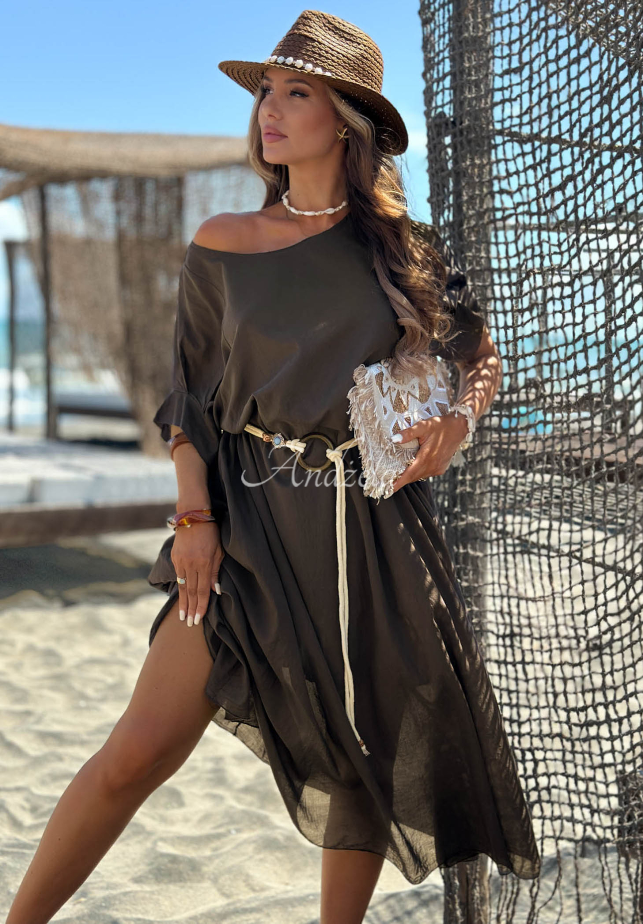 Baumwollkleid mit geflochtenem Gürtel Summer Diva Schokoladenbraun