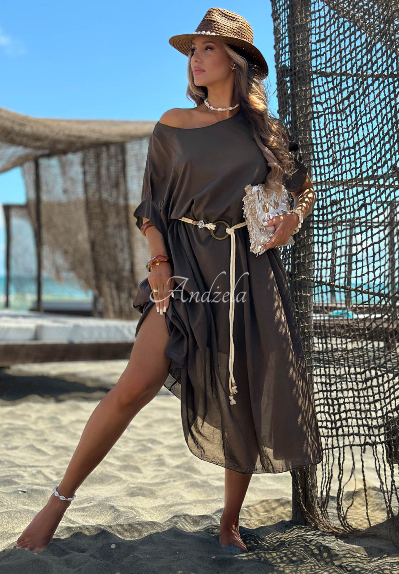 Baumwollkleid mit geflochtenem Gürtel Summer Diva Schokoladenbraun