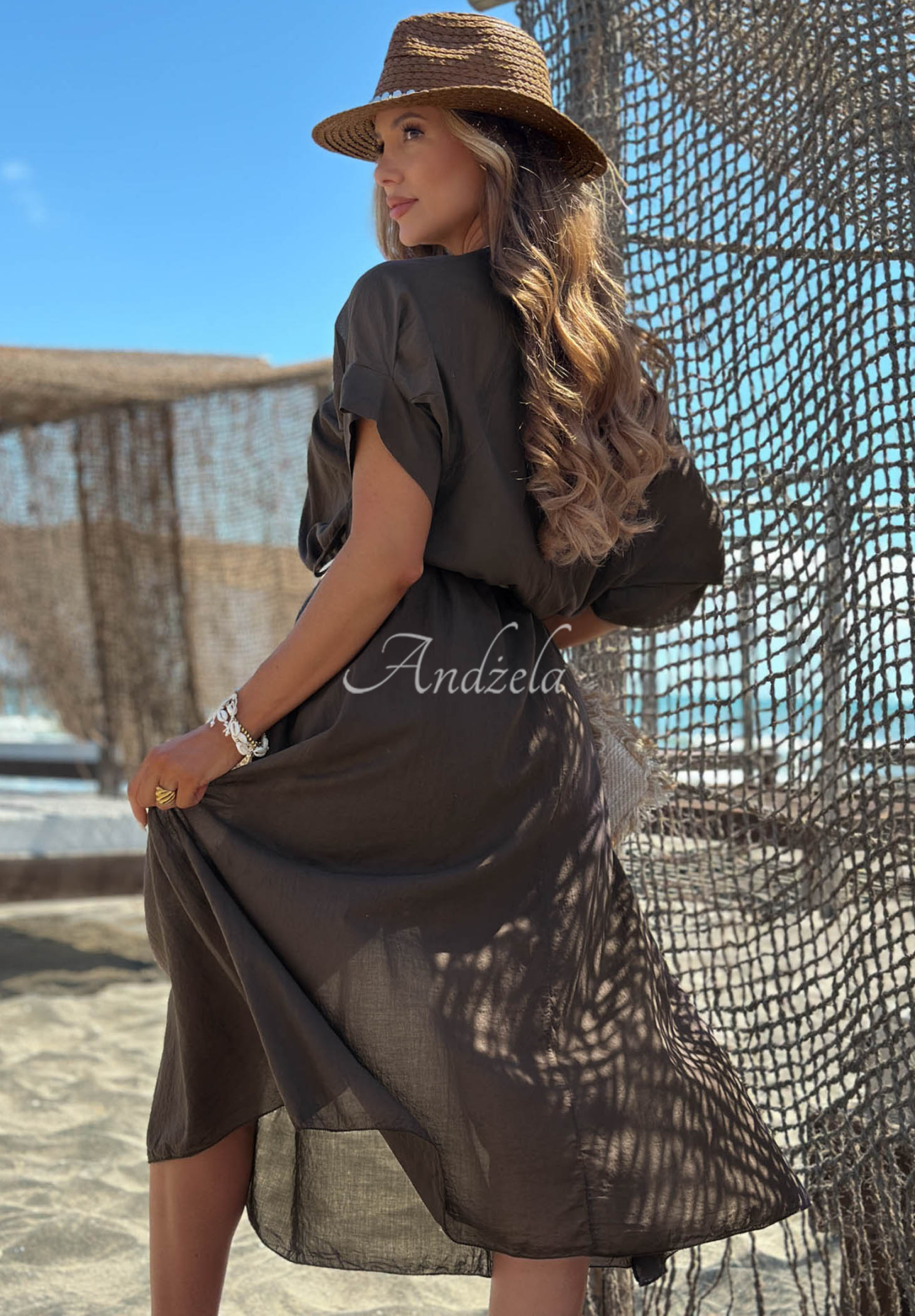 Baumwollkleid mit geflochtenem Gürtel Summer Diva Schokoladenbraun