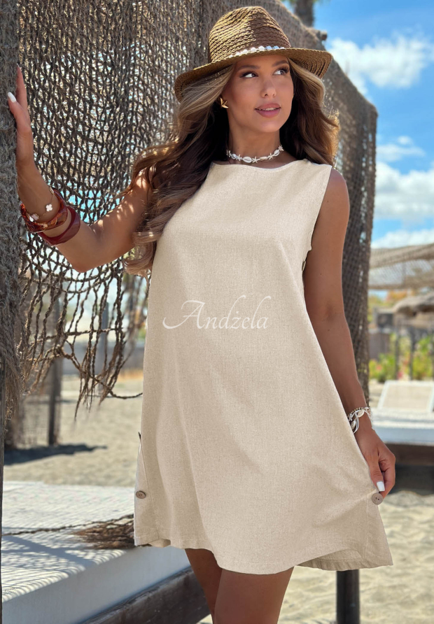 Leinenkleid mit Kn&ouml;pfen Linen Whisper Beige