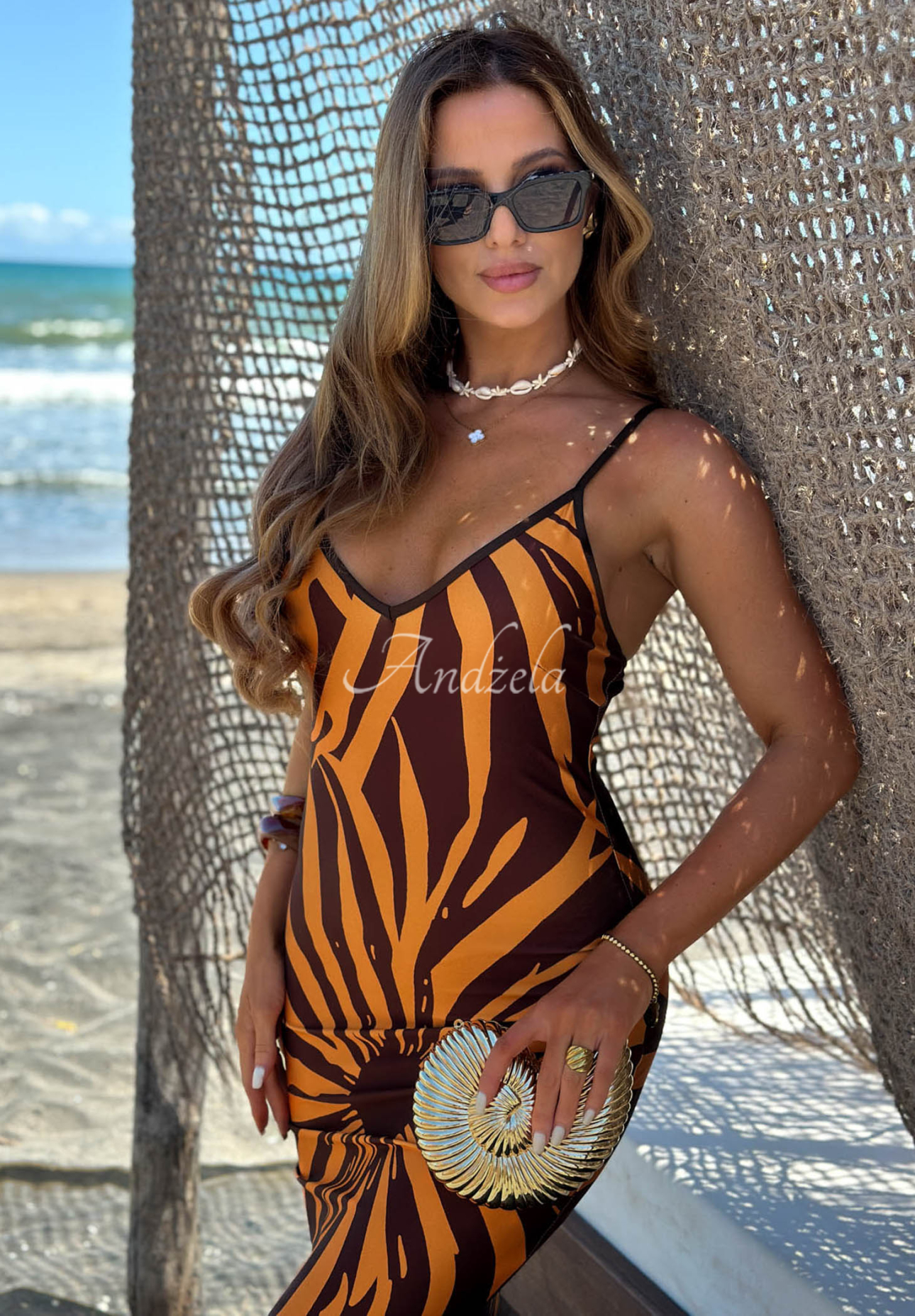 Gemustertes Maxikleid mit Trägern Sun Flames Schokoladenbraun