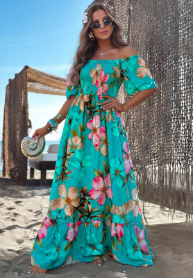 Geblümtes Maxikleid aus Viskose Summer Florisa Türkis