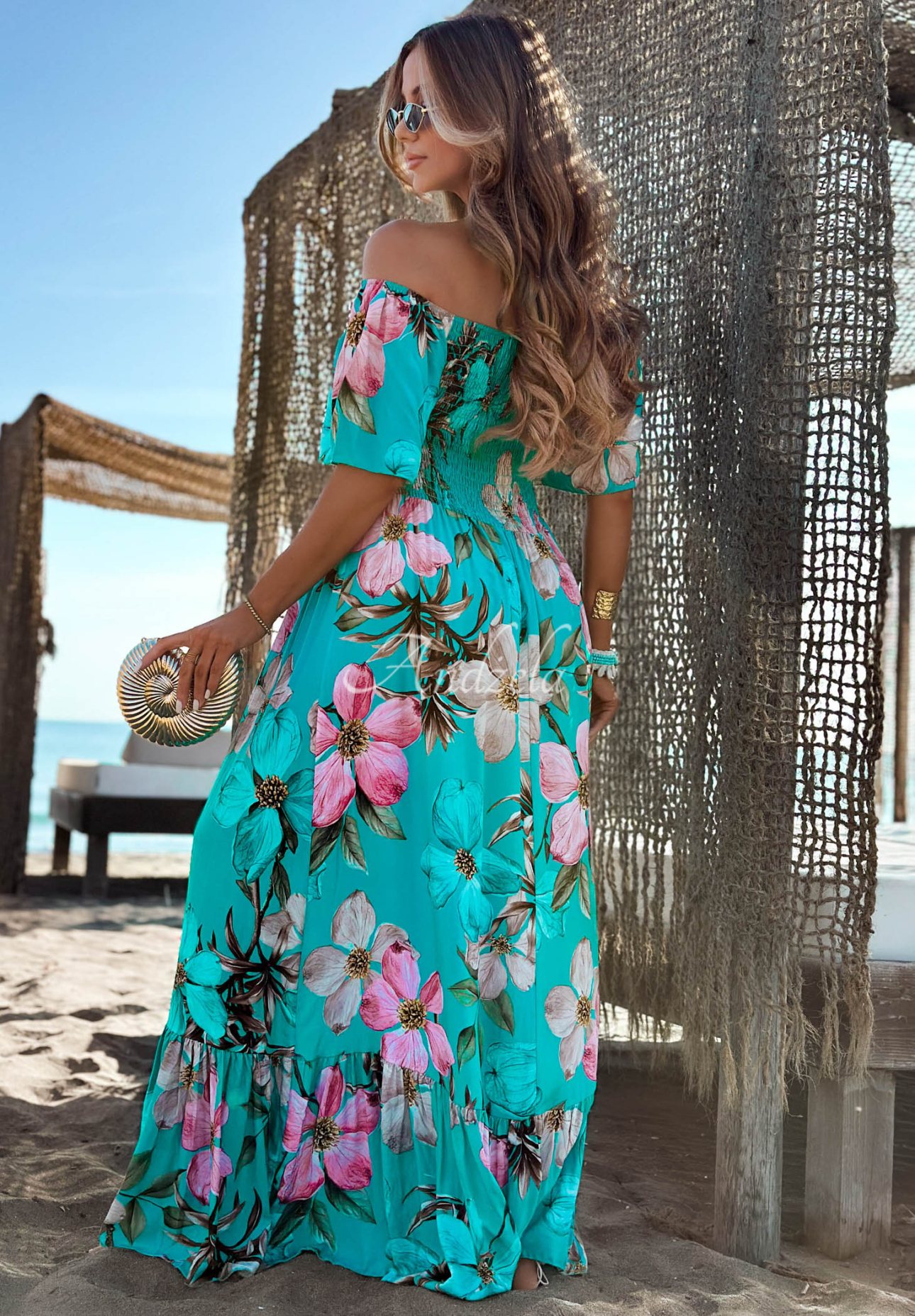 Geblümtes Maxikleid aus Viskose Summer Florisa Türkis