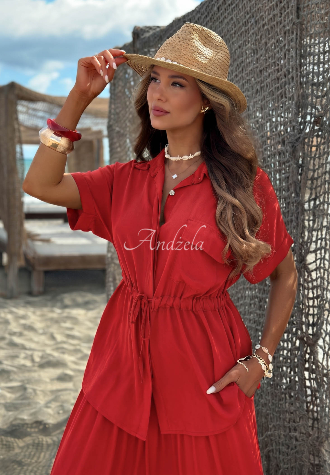 Viskose-Set: Hemd mit Manschetten und Hose wide leg Elite Summer Rot
