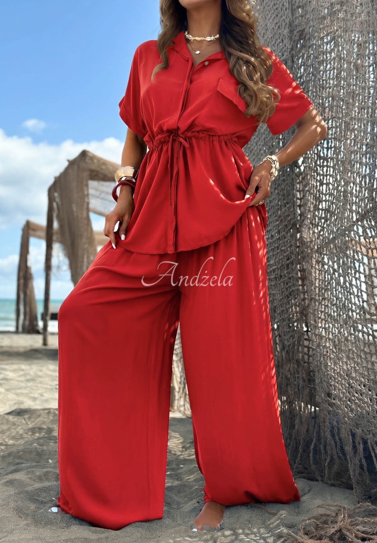 Viskose-Set: Hemd mit Manschetten und Hose wide leg Elite Summer Rot