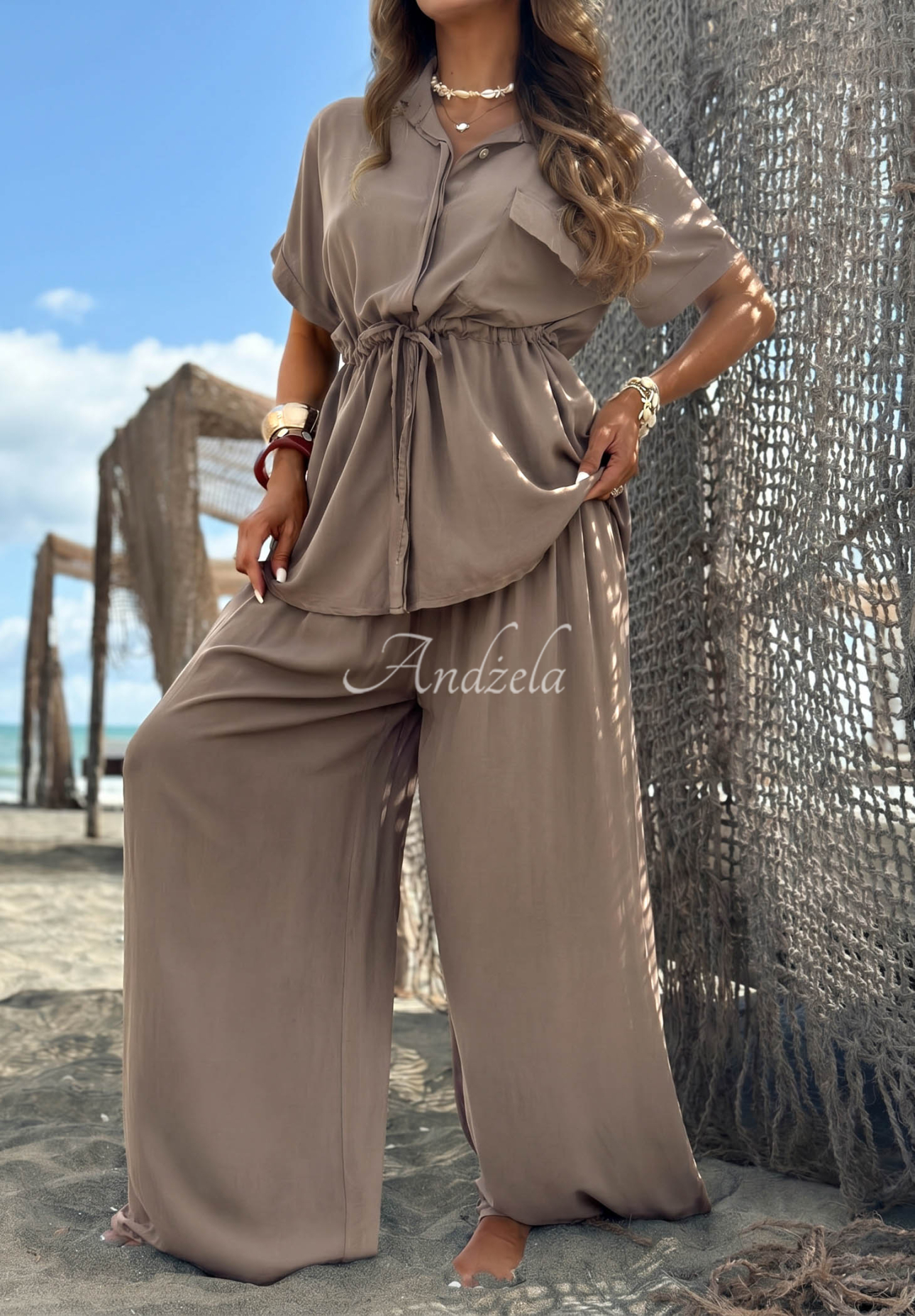 Viskose-Set: Hemd mit Manschetten und Hose wide leg Elite Summer Beige