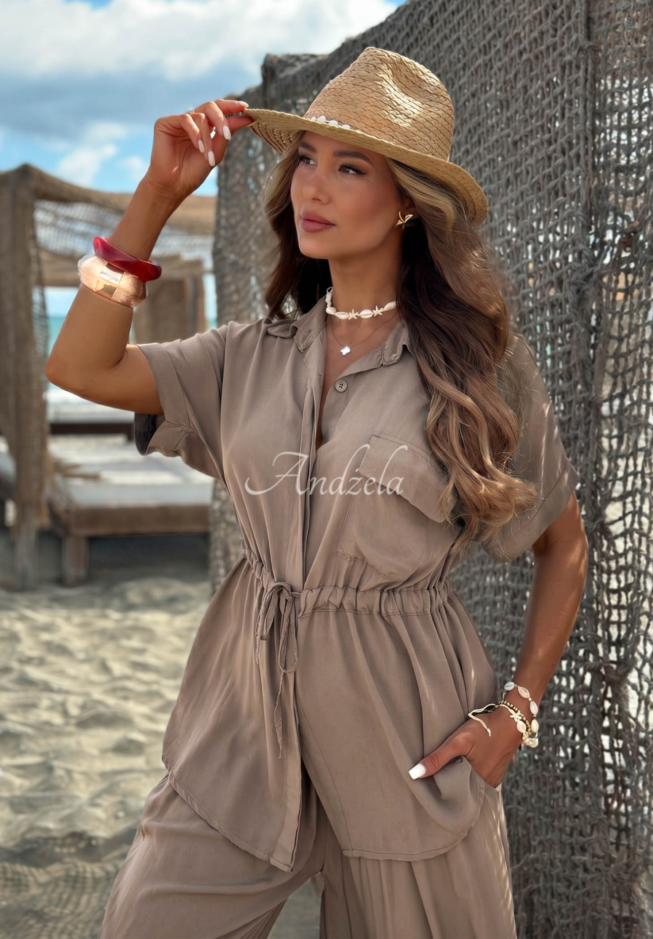 Viskose-Set: Hemd mit Manschetten und Hose wide leg Elite Summer Beige