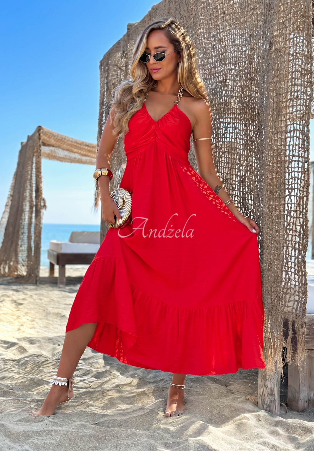 Maxikleid aus Viskose mit Trägern und Rüschen Summer Darling Rot
