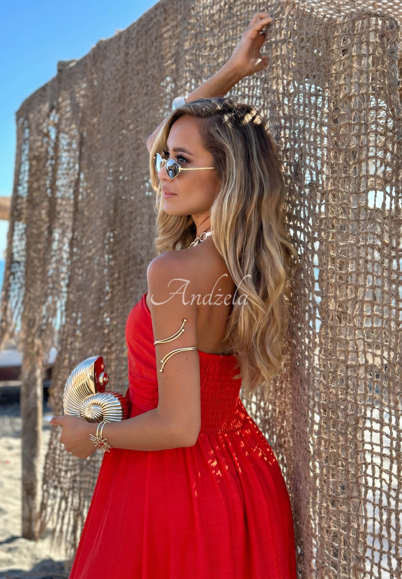 Maxikleid aus Viskose mit Trägern und Rüschen Summer Darling Rot