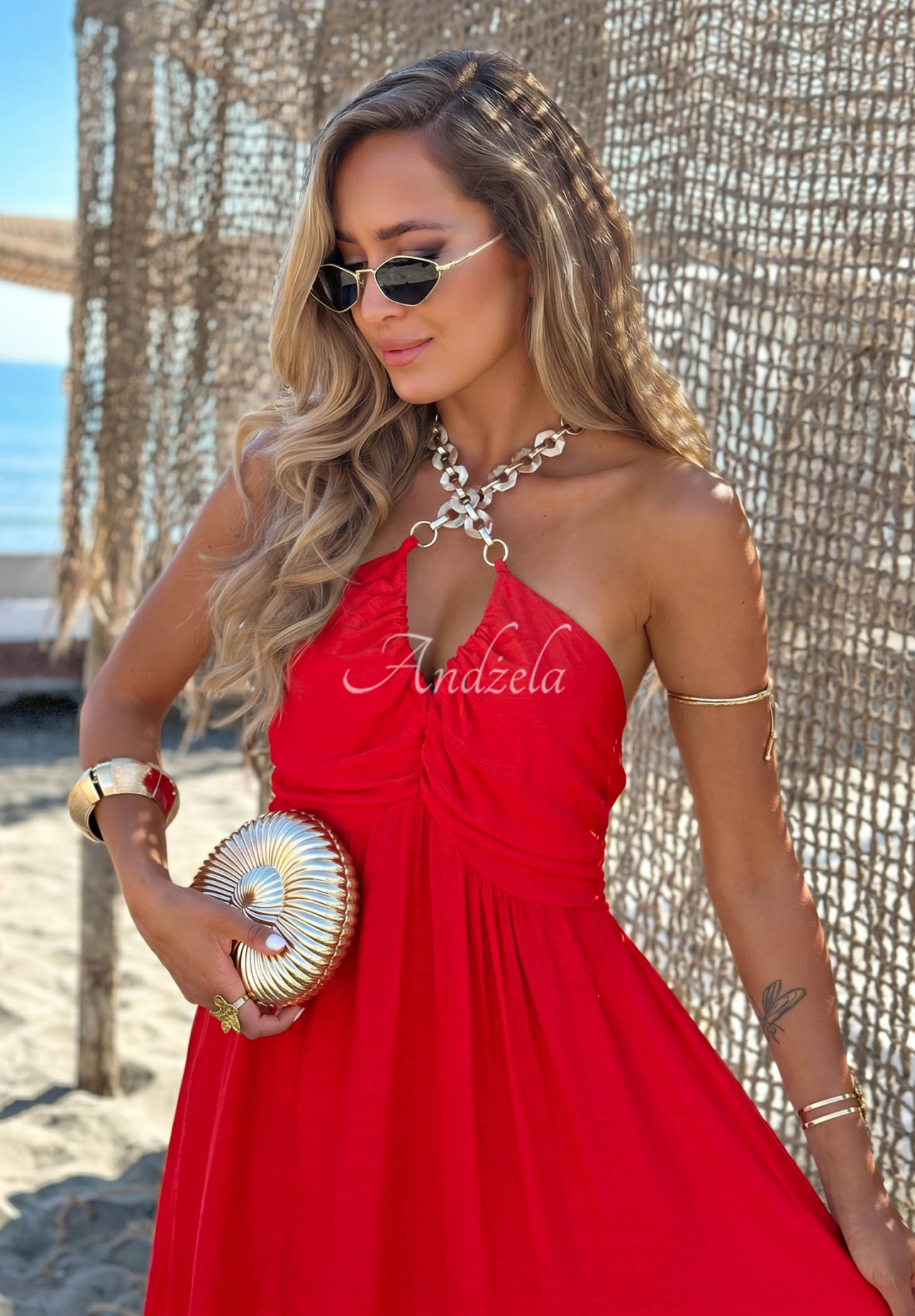Maxikleid aus Viskose mit Trägern und Rüschen Summer Darling Rot