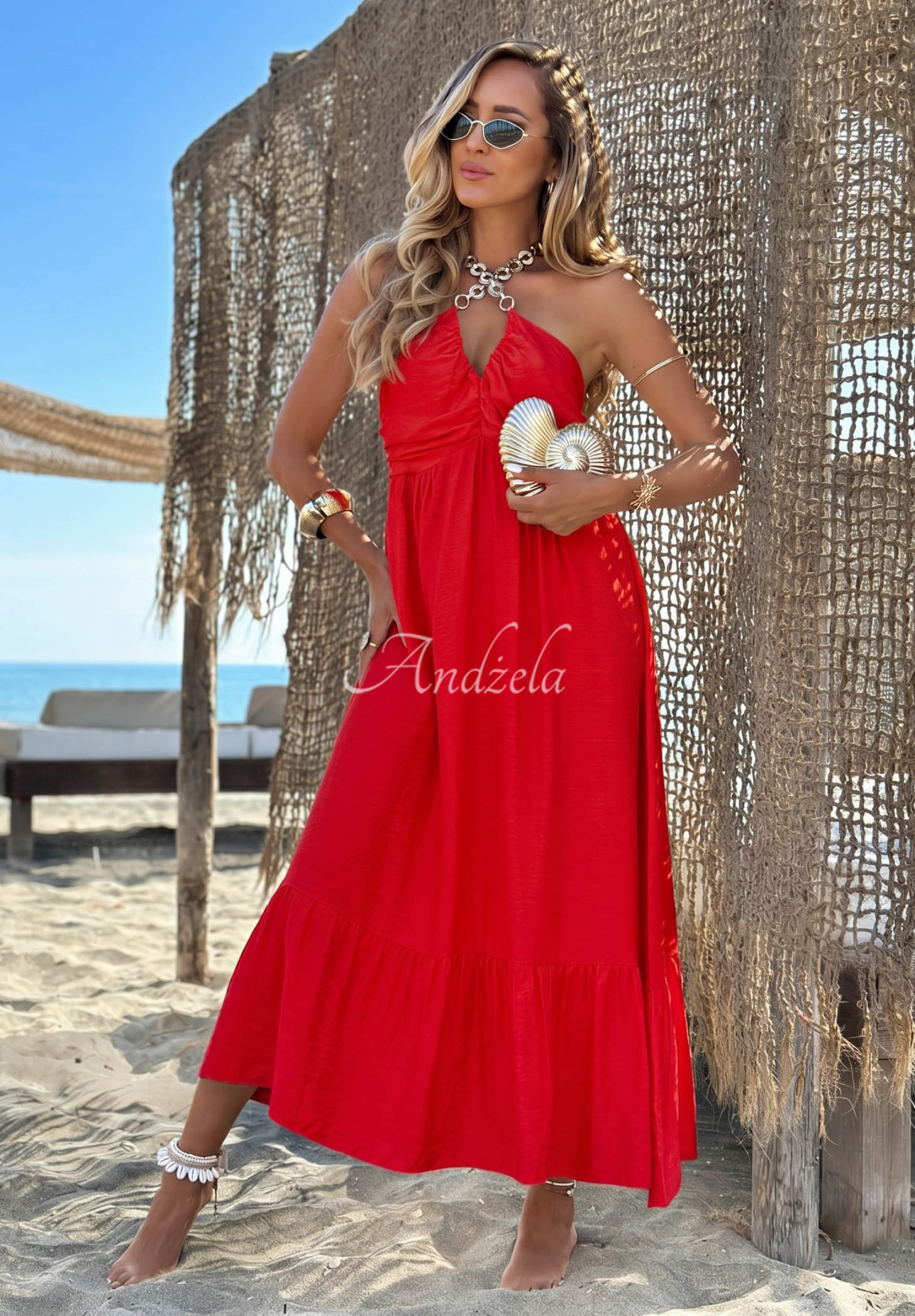 Maxikleid aus Viskose mit Trägern und Rüschen Summer Darling Rot