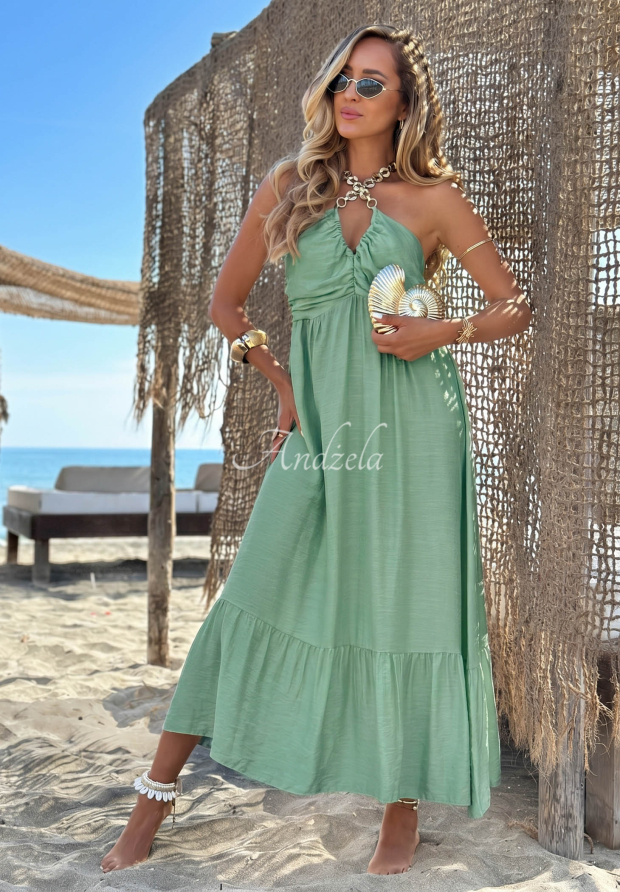 Maxikleid aus Viskose mit Tr&auml;gern und R&uuml;schen Summer Darling Pistaziengr&uuml;n
