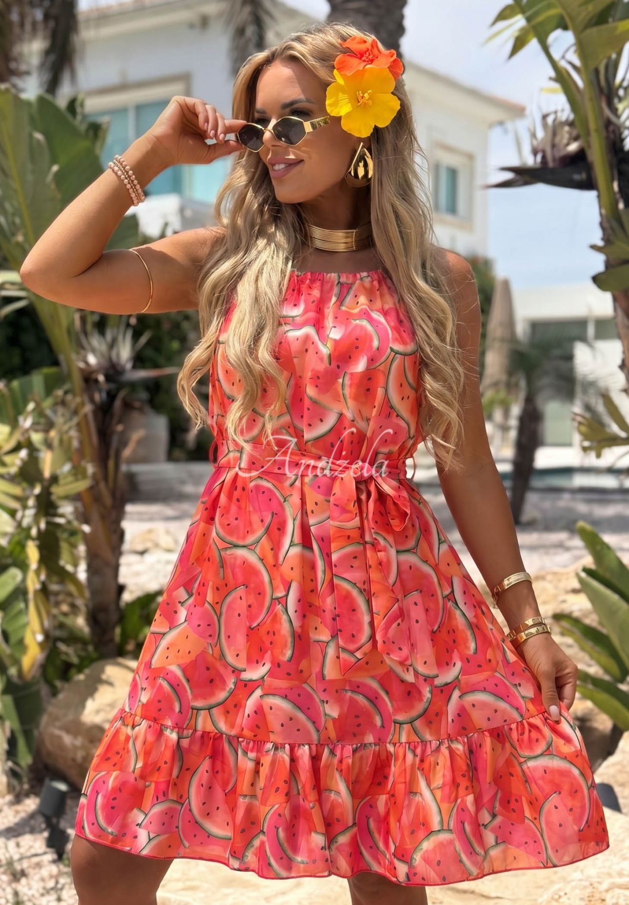 Minikleid mit Trägern und Wassermelonenprint Tropical Slice rosa-orange