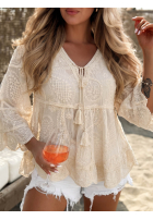 Haftowana Bluse z wiązaniem boho Lagoon Light Ecru