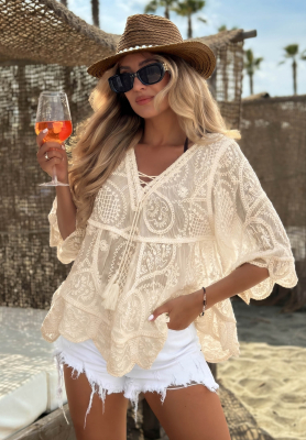 Bestickte Bluse aus Baumwolle im Boho-Stil mit Bindeband Lagoon Light Hell Beige