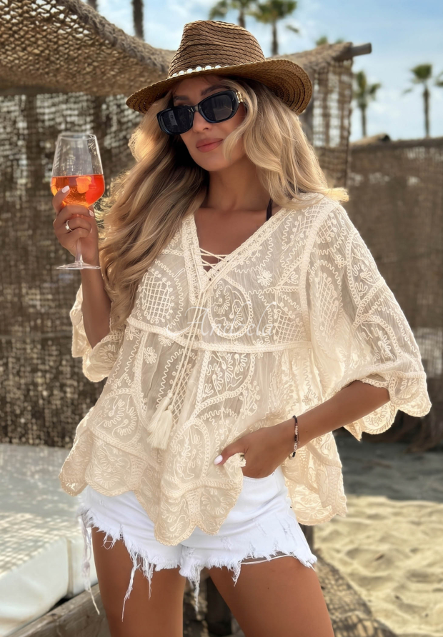 Bestickte Bluse aus Baumwolle im Boho-Stil mit Bindeband Lagoon Light Hell Beige