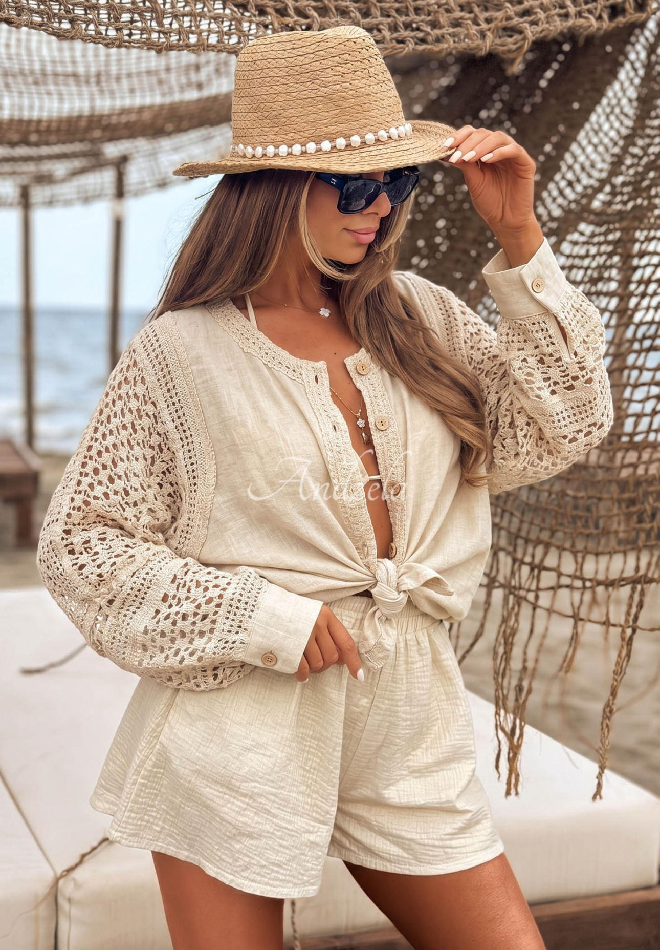 Boho-Hemd mit Lochmuster aus Leinen und Viskose Dolce Sunshine Beige