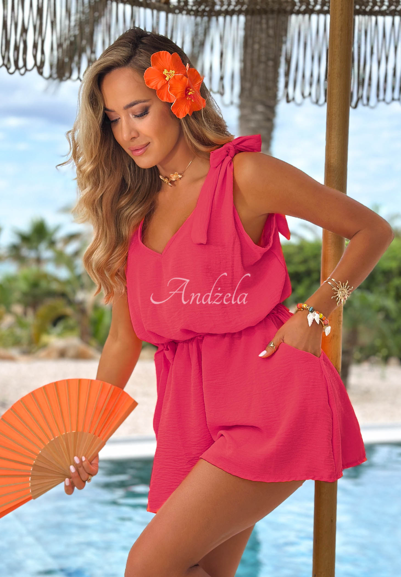 Kurzer Viskose-Overall mit gebundenen Trägern Lanai Sun Rosa