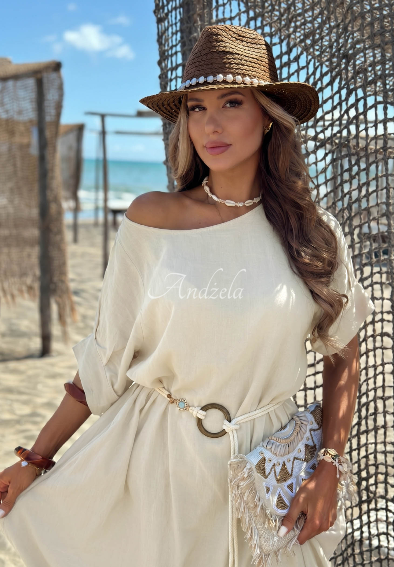 Baumwollkleid mit geflochtenem Gürtel Summer Diva Beige