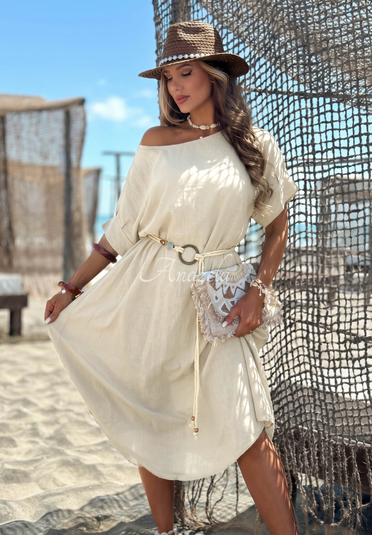 Baumwollkleid mit geflochtenem Gürtel Summer Diva Beige