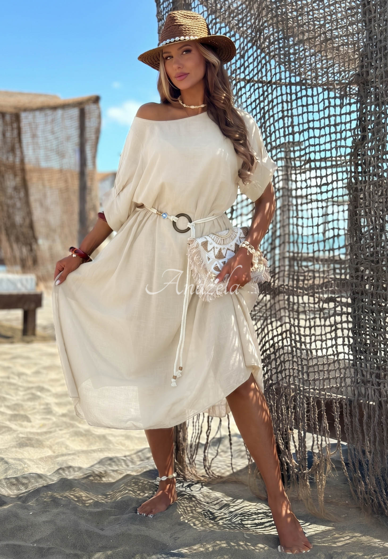 Baumwollkleid mit geflochtenem Gürtel Summer Diva Beige