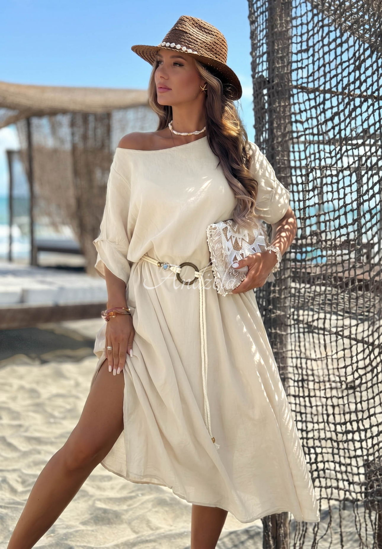 Baumwollkleid mit geflochtenem Gürtel Summer Diva Beige