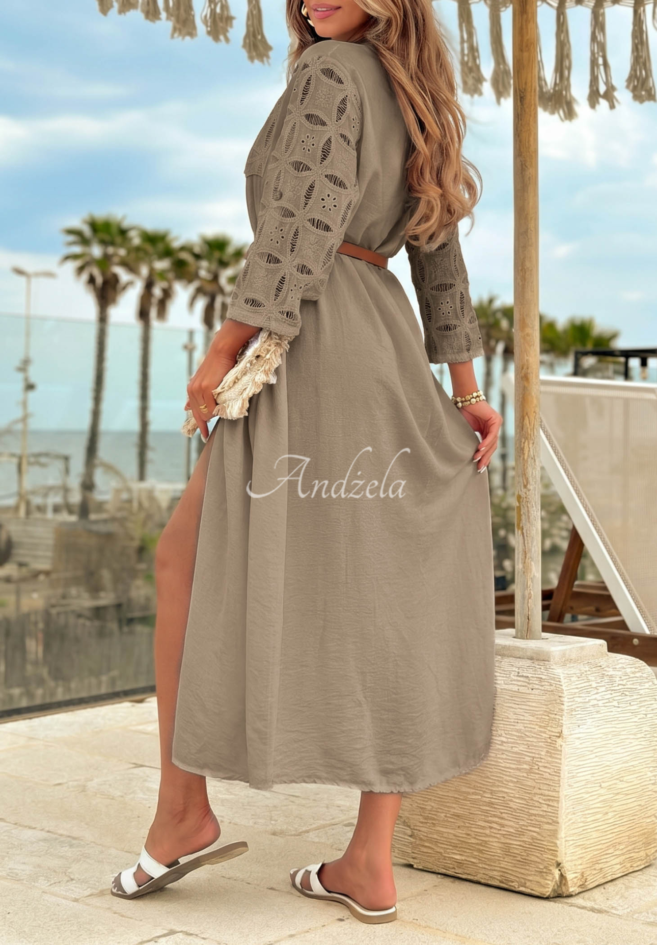Hemdblusenkleid aus Viskose mit Gürtel und Spitze Coral Sunset Mokkafarben