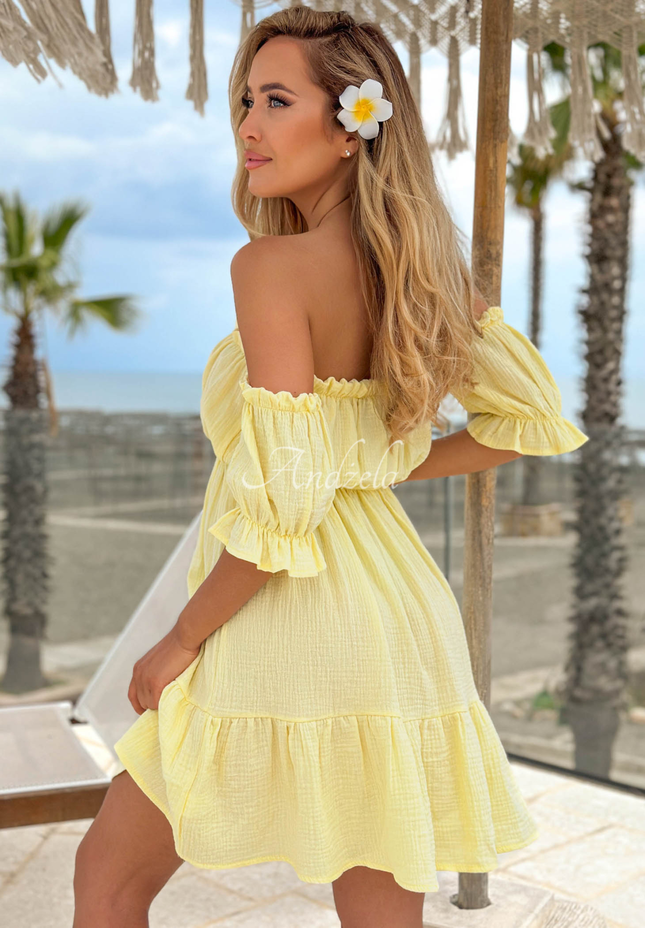 Offshoulder Musselinkleid Sunset Touch Gelb