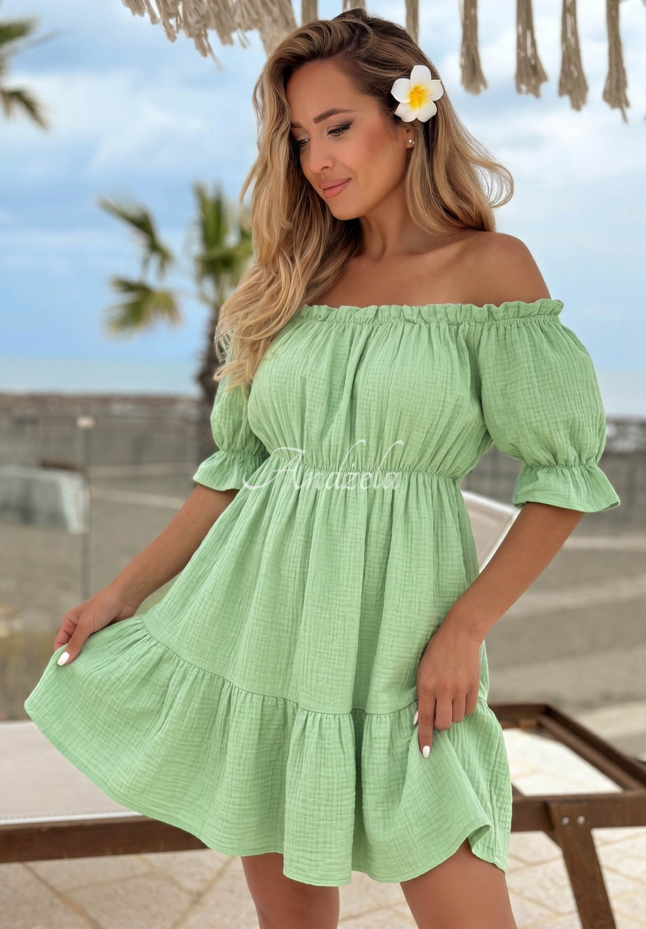 Offshoulder Musselinkleid Sunset Touch Pistaziengrün