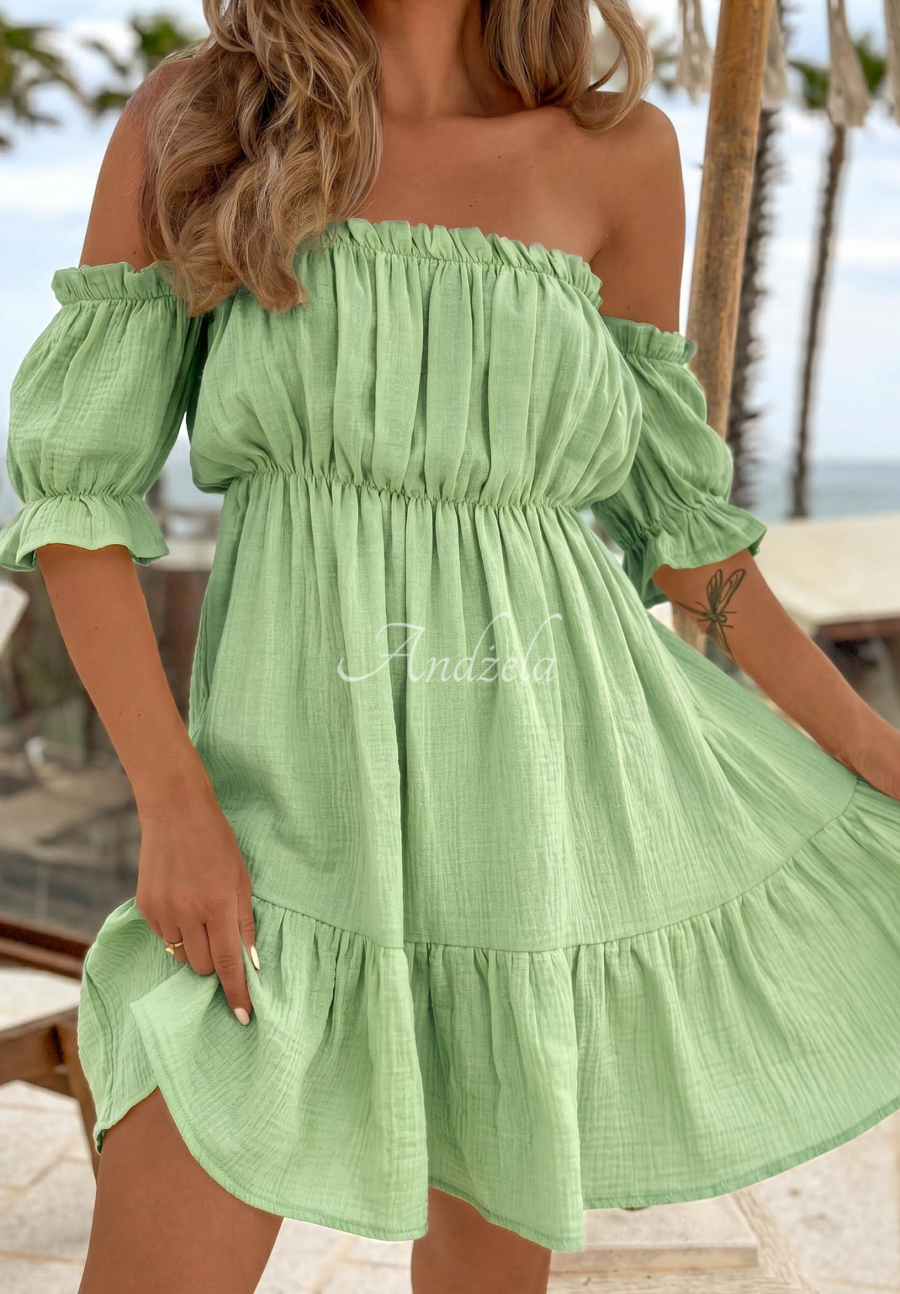 Offshoulder Musselinkleid Sunset Touch Pistaziengrün