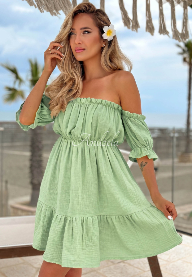 Offshoulder Musselinkleid Sunset Touch Pistaziengr&uuml;n