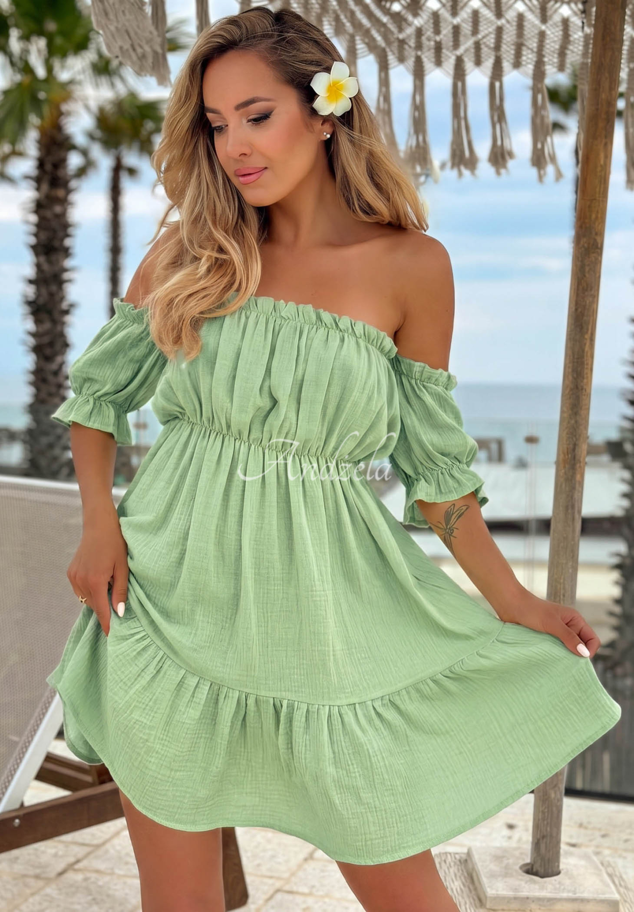 Offshoulder Musselinkleid Sunset Touch Pistaziengrün