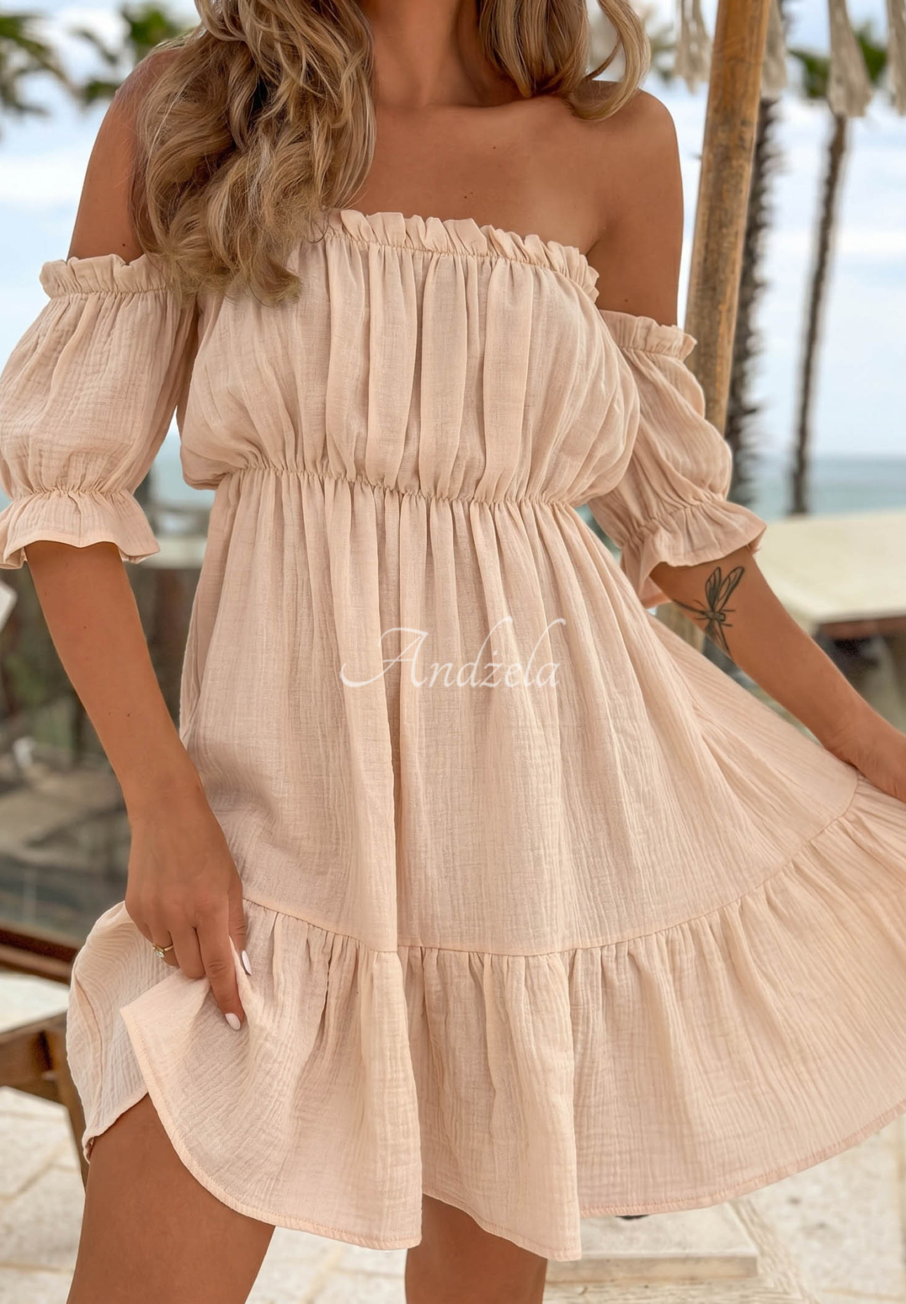 Offshoulder Musselinkleid Sunset Touch Beige