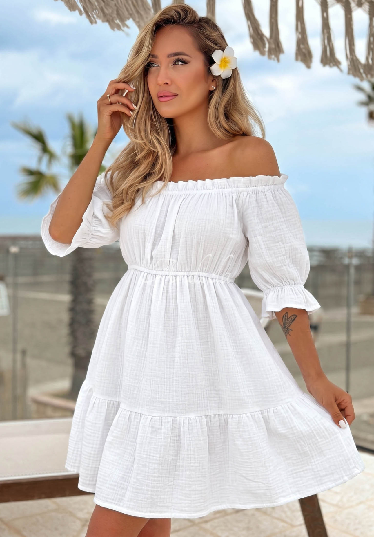 Offshoulder Musselinkleid Sunset Touch Weiß