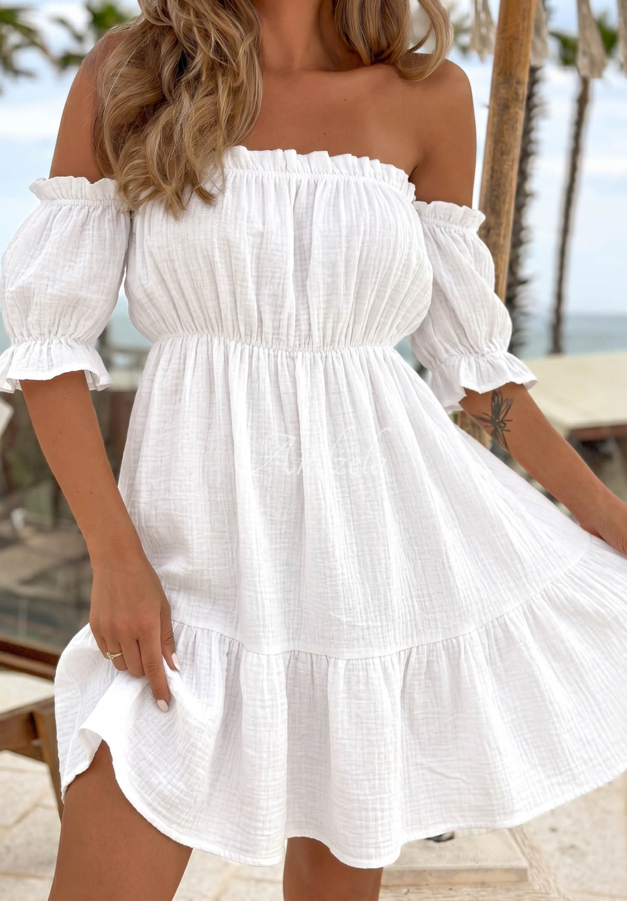 Offshoulder Musselinkleid Sunset Touch Weiß