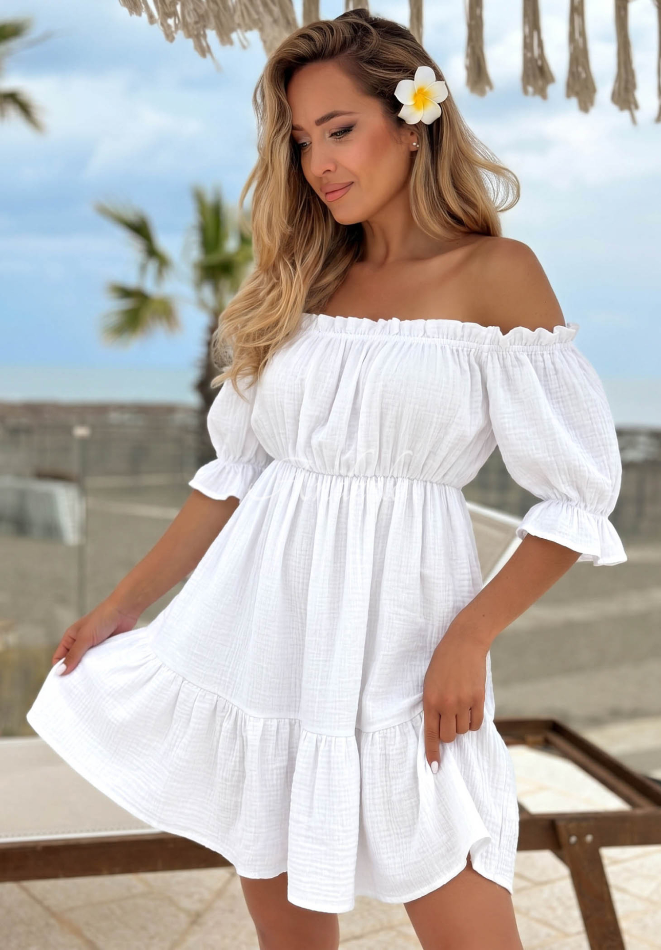 Offshoulder Musselinkleid Sunset Touch Weiß