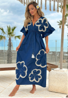 Kleid maxi z wyszywanymi kwiatami Lagoon Bloom Dunkelblau