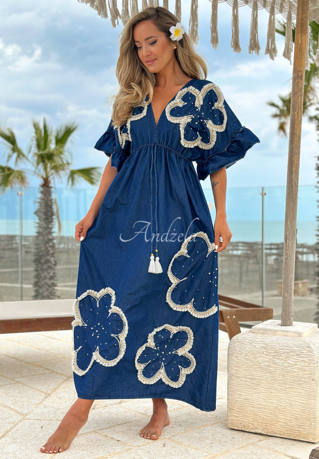 Maxikleid aus Baumwolle mit gestickten Blumen Lagoon Bloom Dunkelblau