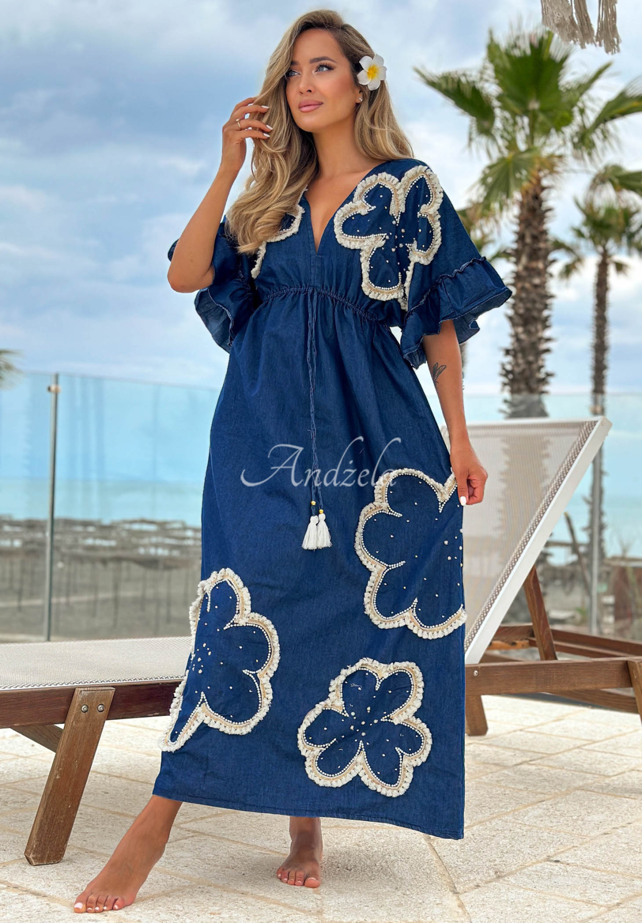 Maxikleid aus Baumwolle mit gestickten Blumen Lagoon Bloom Dunkelblau