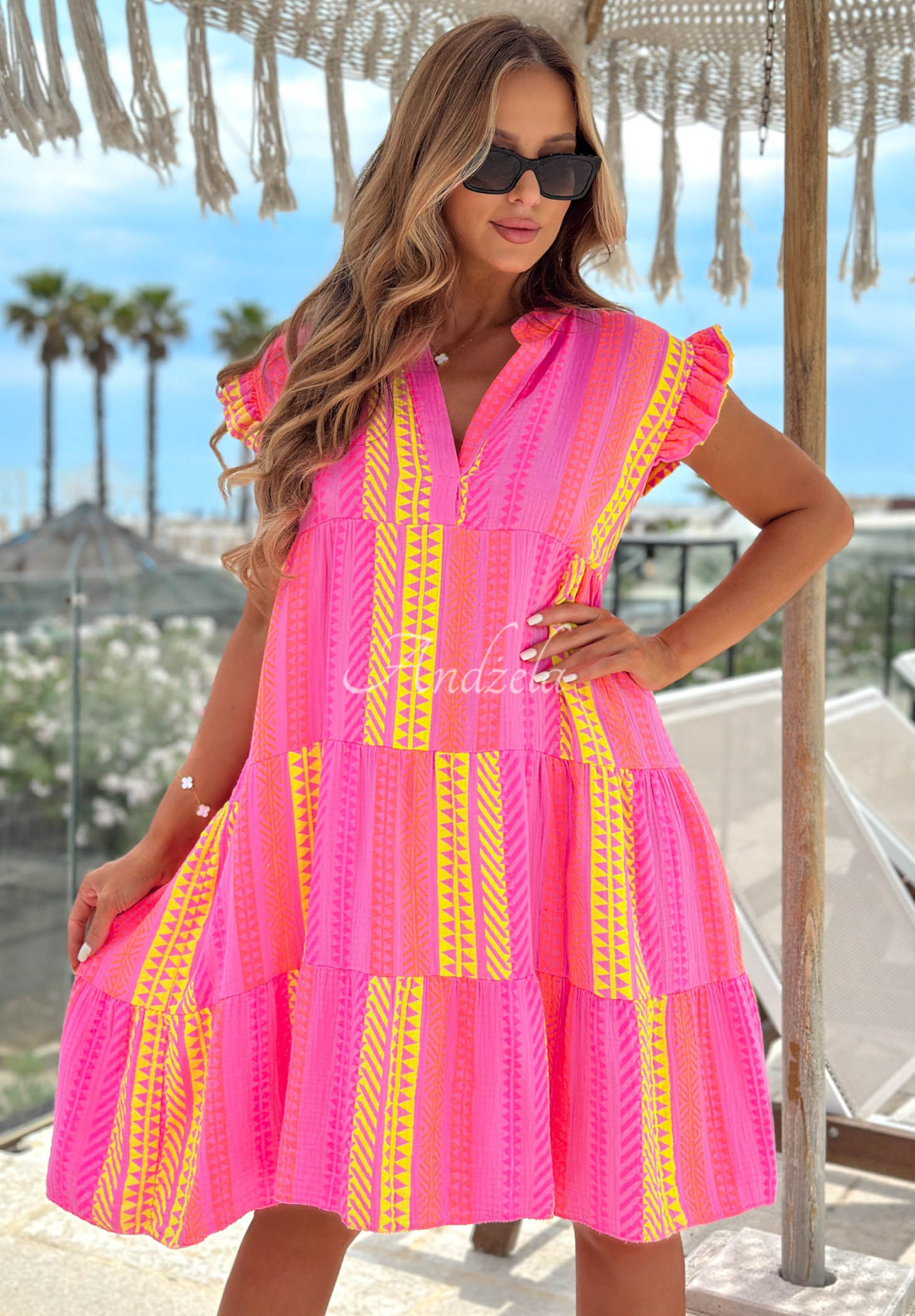 Gemustertes Baumwollkleid mit Rüschen Hello Sunshine rosa-gelb