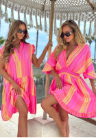 Wzorzysta Kleid mini z falbankami Hello Sunshine różowo-Gelb