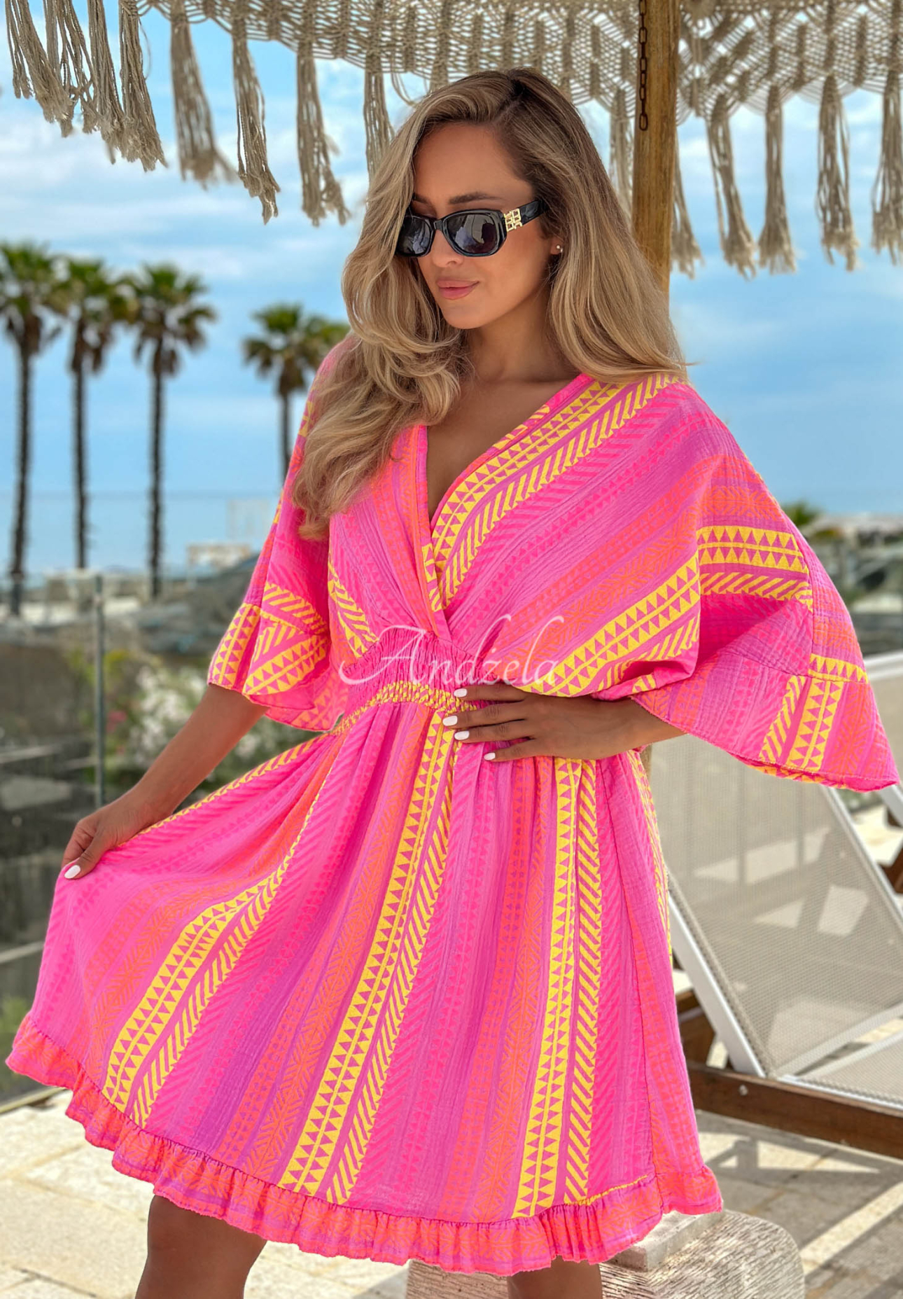 Gemustertes Baumwollkleid Hello Sunshine rosa-gelb