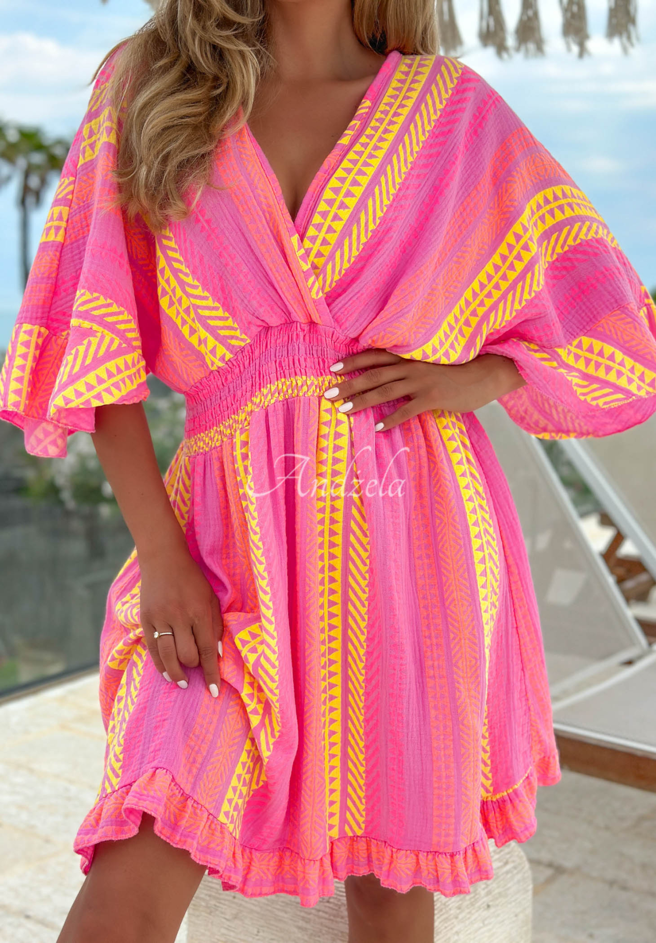Gemustertes Baumwollkleid Hello Sunshine rosa-gelb