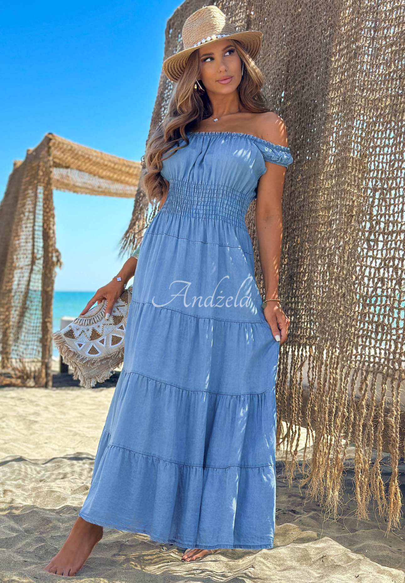 Lyocell-Midikleid mit Trägern und Rüschen Ocean Eyes Hellblau