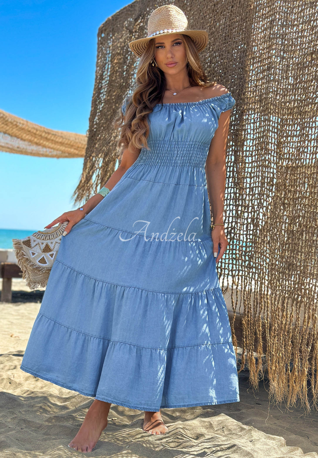 Lyocell-Midikleid mit Trägern und Rüschen Ocean Eyes Hellblau