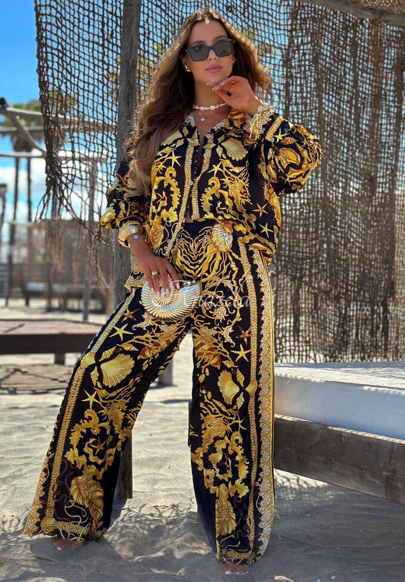 Satin-Set Hemd und Hose wide leg aus Viskose Golden Mare schwarz-golden